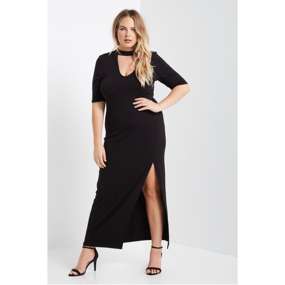Black Choker V-neck Side Slit Maxi Dress